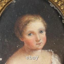 Tableau Ancien Miniature avec Portrait d'Enfant Huile sur Métal Original