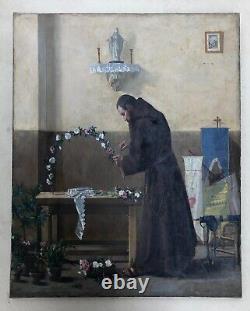 Tableau Ancien, Moine Préparant La Fête Du Rosaire, Grande Huile Sur Toile, XIXe