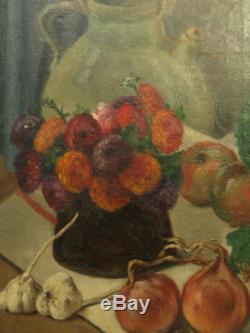 Tableau Ancien Nature Morte Chou Cuisine Tomates Fleurs Alphonse Fauré Toulouse