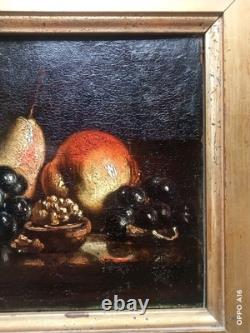 Tableau Ancien Nature Morte Pomme Poire Noix Raisins Huile Panneau 19 Ème Siècle