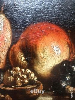 Tableau Ancien Nature Morte Pomme Poire Noix Raisins Huile Panneau 19 Ème Siècle
