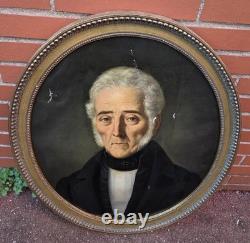 Tableau Ancien Ovale. Portrait Homme. Peinture huile sur toile Style XlXeme