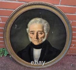 Tableau Ancien Ovale. Portrait Homme. Peinture huile sur toile Style XlXeme