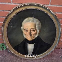 Tableau Ancien Ovale. Portrait Homme. Peinture huile sur toile Style XlXeme