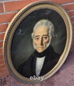 Tableau Ancien Ovale. Portrait Homme. Peinture huile sur toile Style XlXeme