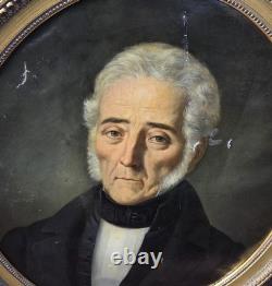 Tableau Ancien Ovale. Portrait Homme. Peinture huile sur toile Style XlXeme