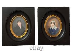 Tableau Ancien Paire de Grande miniature Romantique Couple costume cadre 1820