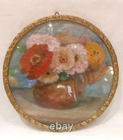 Tableau Ancien Pastel Bouquet Nature Morte Vase Médaillon