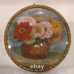 Tableau Ancien Pastel Bouquet Nature Morte Vase Médaillon