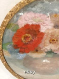 Tableau Ancien Pastel Bouquet Nature Morte Vase Médaillon