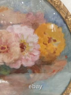 Tableau Ancien Pastel Bouquet Nature Morte Vase Médaillon