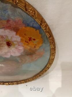 Tableau Ancien Pastel Bouquet Nature Morte Vase Médaillon