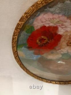 Tableau Ancien Pastel Bouquet Nature Morte Vase Médaillon