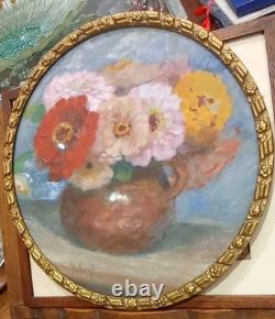 Tableau Ancien Pastel Bouquet Nature Morte Vase Médaillon