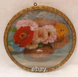 Tableau Ancien Pastel Bouquet Nature Morte Vase Médaillon