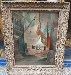 Tableau Ancien Paysage Cubisant Port Bateaux 1925 Emmanuel POIRIER (1898-)