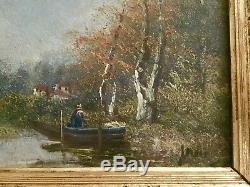 Tableau Ancien Paysage Ecole De Barbizon XIXe, l'automne en barque