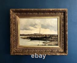 Tableau Ancien Paysage Les barques Huile sur panneau Pierre PIGNOLAT (1838-1913)