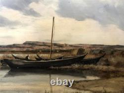 Tableau Ancien Paysage Les barques Huile sur panneau Pierre PIGNOLAT (1838-1913)