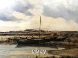 Tableau Ancien Paysage Les barques Huile sur panneau Pierre PIGNOLAT (1838-1913)