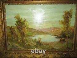 Tableau Ancien Peinture A L'huile Paysage Maison Au Bord Du Lac Arbres Et Monts