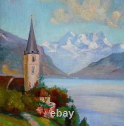 Tableau Ancien Peinture HSP Huile Eglise Ecole de Barbizon Montagne Alpes Neige
