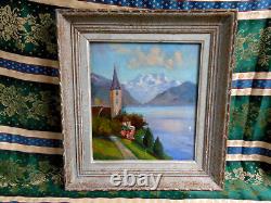 Tableau Ancien Peinture HSP Huile Eglise Ecole de Barbizon Montagne Alpes Neige