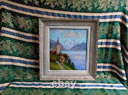 Tableau Ancien Peinture HSP Huile Eglise Ecole de Barbizon Montagne Alpes Neige