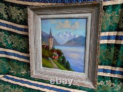 Tableau Ancien Peinture HSP Huile Eglise Ecole de Barbizon Montagne Alpes Neige