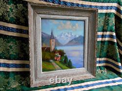 Tableau Ancien Peinture HSP Huile Eglise Ecole de Barbizon Montagne Alpes Neige