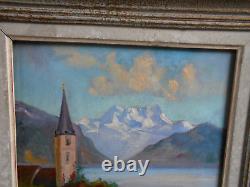 Tableau Ancien Peinture HSP Huile Eglise Ecole de Barbizon Montagne Alpes Neige