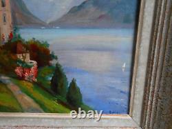 Tableau Ancien Peinture HSP Huile Eglise Ecole de Barbizon Montagne Alpes Neige