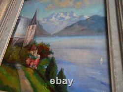 Tableau Ancien Peinture HSP Huile Eglise Ecole de Barbizon Montagne Alpes Neige