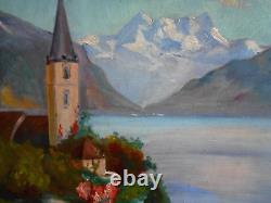 Tableau Ancien Peinture HSP Huile Eglise Ecole de Barbizon Montagne Alpes Neige