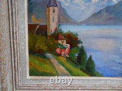 Tableau Ancien Peinture HSP Huile Eglise Ecole de Barbizon Montagne Alpes Neige