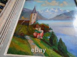Tableau Ancien Peinture HSP Huile Eglise Ecole de Barbizon Montagne Alpes Neige