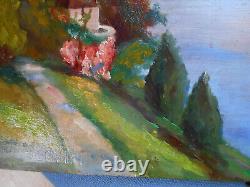 Tableau Ancien Peinture HSP Huile Eglise Ecole de Barbizon Montagne Alpes Neige