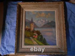 Tableau Ancien Peinture HSP Huile Eglise Ecole de Barbizon Montagne Alpes Neige