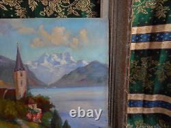 Tableau Ancien Peinture HSP Huile Eglise Ecole de Barbizon Montagne Alpes Neige