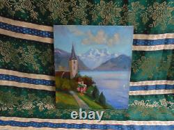 Tableau Ancien Peinture HSP Huile Eglise Ecole de Barbizon Montagne Alpes Neige