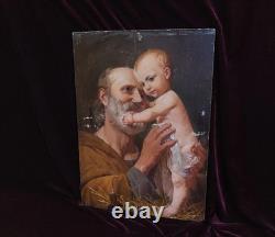 Tableau Ancien Peinture Huile Bois Icone Religieuse Portrait Jesus XIX DLG XVIII