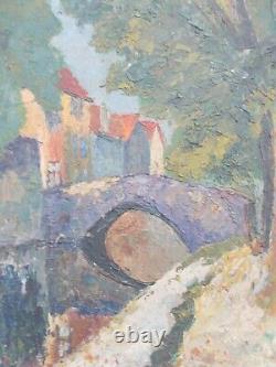 Tableau Ancien Peinture Huile Bruges Pont Saint Boniface Signe XX Painting