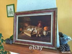 Tableau Ancien Peinture Huile Ecole Francaise Lievre Fruit Baroque XIX Cf Oudry