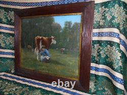 Tableau Ancien Peinture Huile Ecole Francaise de Barbizon Vache Animaux XIXeme