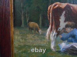 Tableau Ancien Peinture Huile Ecole Francaise de Barbizon Vache Animaux XIXeme