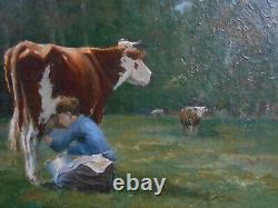 Tableau Ancien Peinture Huile Ecole Francaise de Barbizon Vache Animaux XIXeme