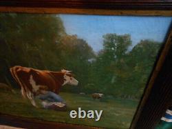 Tableau Ancien Peinture Huile Ecole Francaise de Barbizon Vache Animaux XIXeme