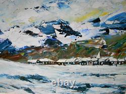Tableau Ancien Peinture Huile Ecole de Barbizon Montagne Alpes Neige Au Couteau