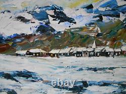 Tableau Ancien Peinture Huile Ecole de Barbizon Montagne Alpes Neige Au Couteau