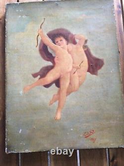 Tableau Ancien Peinture Huile HST Ecole Francaise Bouguereau Ange Angelot XIXeme